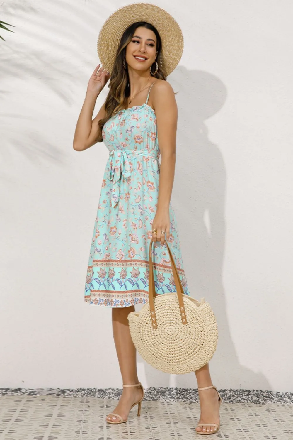 Bohemian Belted Dress with Frill Trim - Spaghetti Strap Summer Beach Wedding Guest Dress for Women