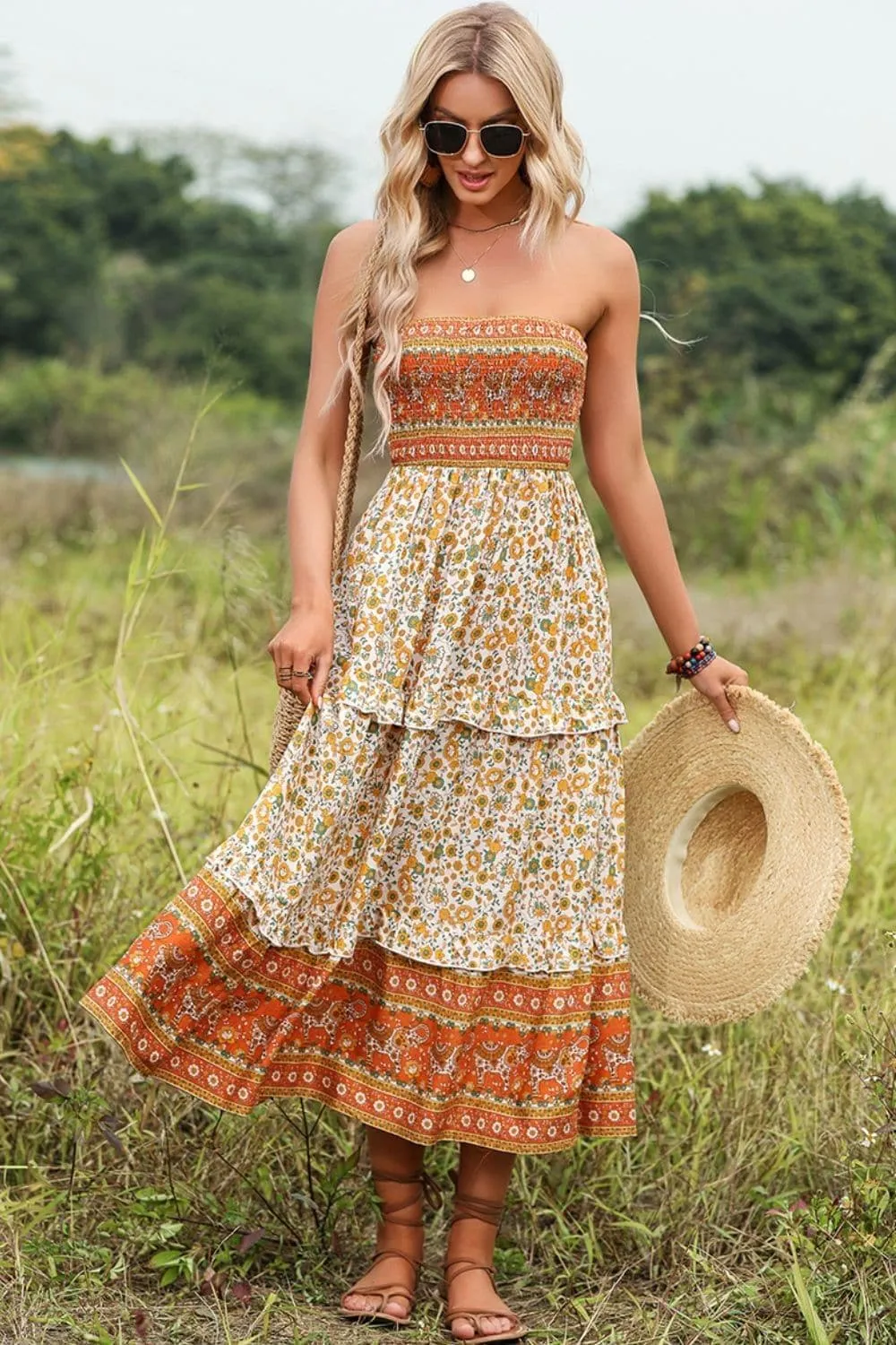 Bohemian Strapless Ruffled Midi Dress