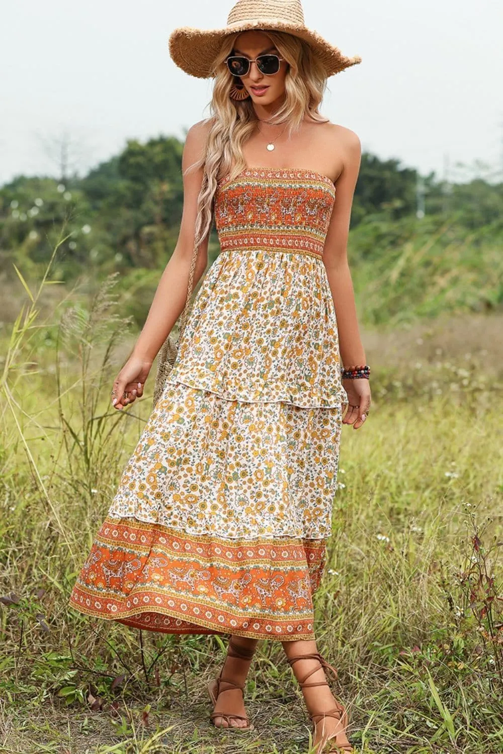 Bohemian Strapless Ruffled Midi Dress