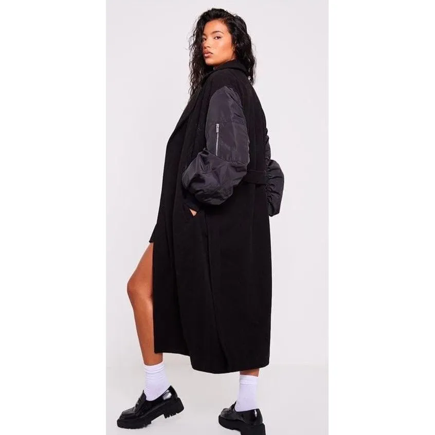 Bomber Sleeve Faux Wool Belted Coat