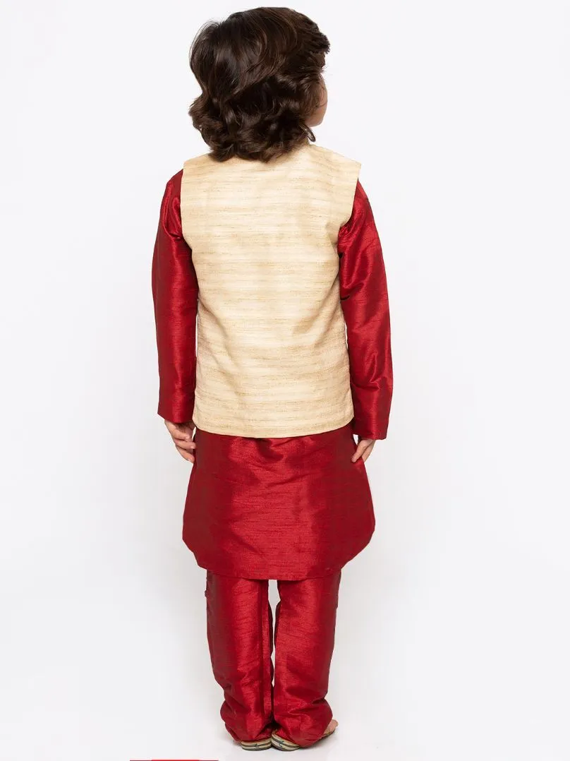 Boys' Maroon Cotton Silk Kurta, Jacket and Pyjama Set