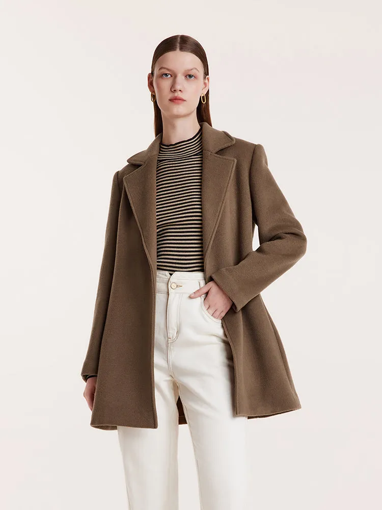 Brown Tencel Wool Notched Lapel Coat With Belt