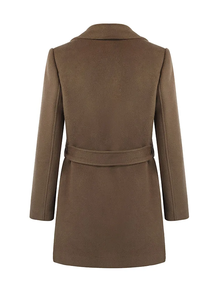 Brown Tencel Wool Notched Lapel Coat With Belt