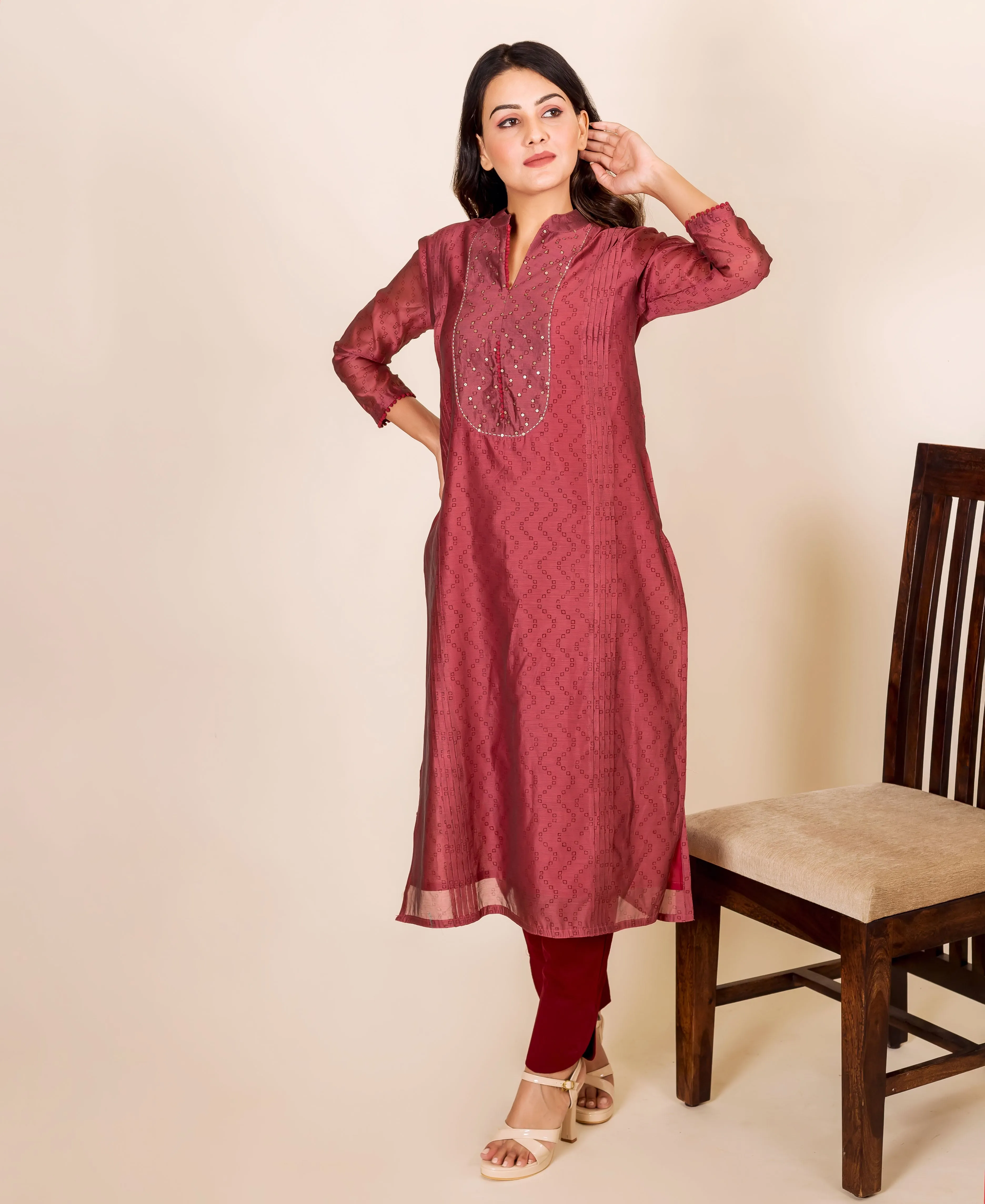 Burgundy Bandhej Printed and Embroidered Kurta