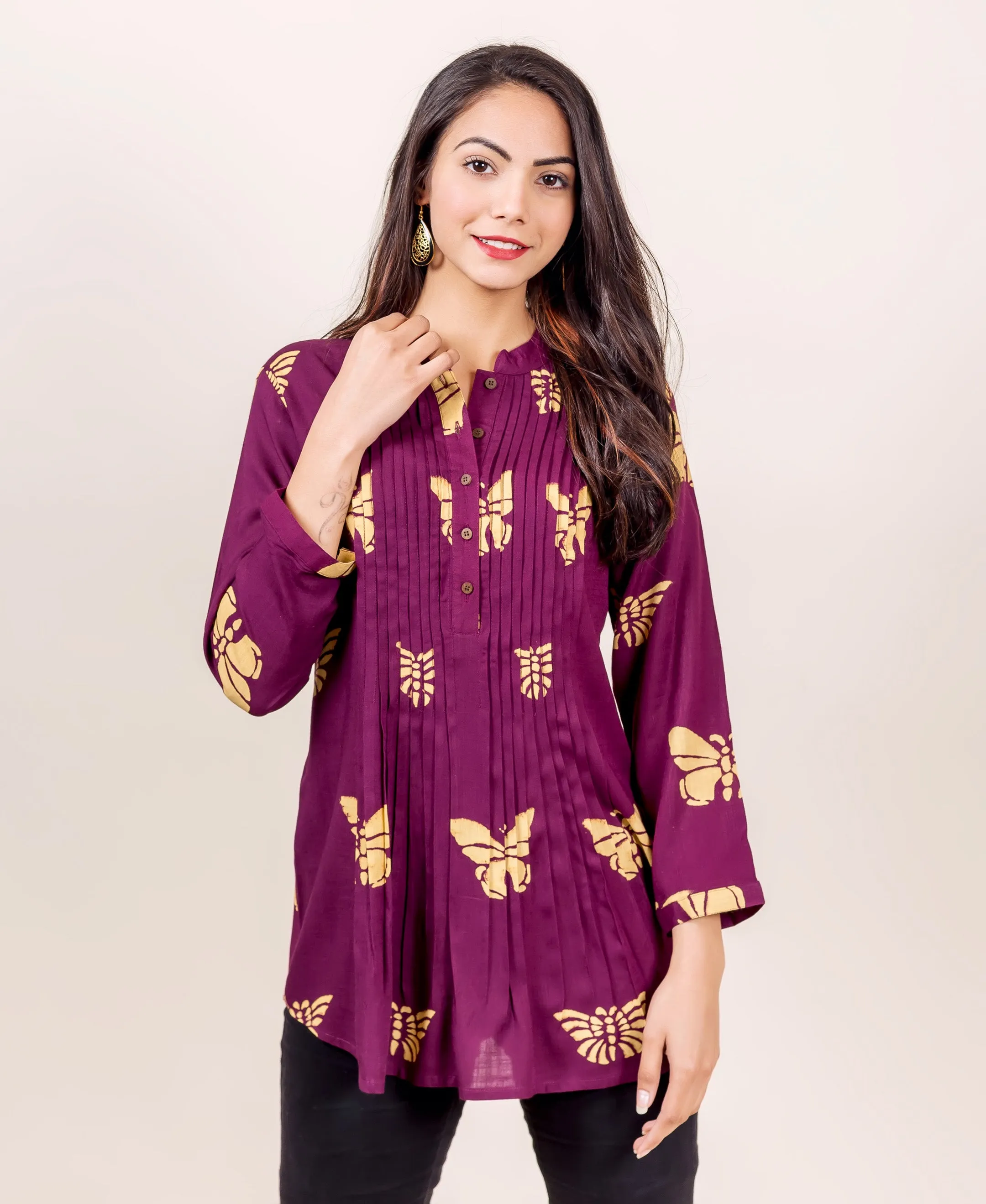 Burgundy Hand Block Printed Pleated Slub Top