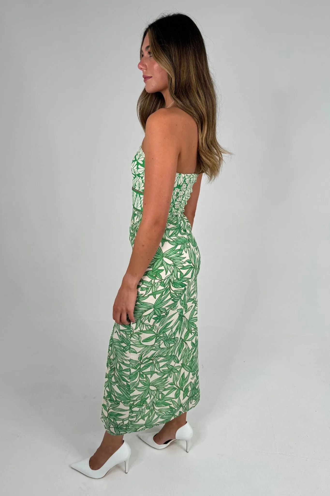 Caitlyn Strapless Dress In Green Print