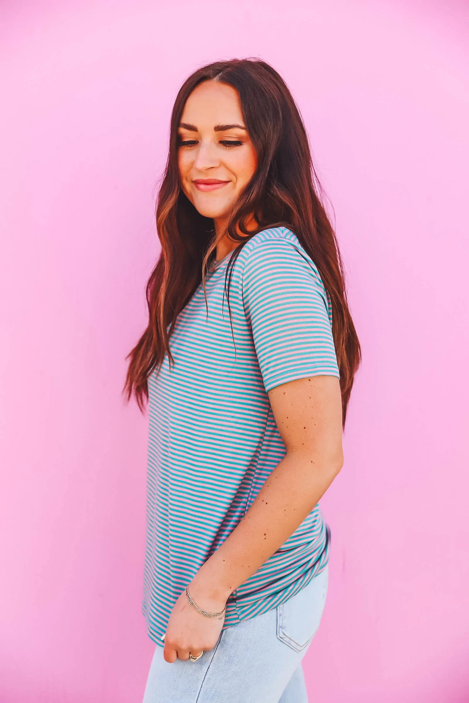 Caroline Striped Top-Green/Pink