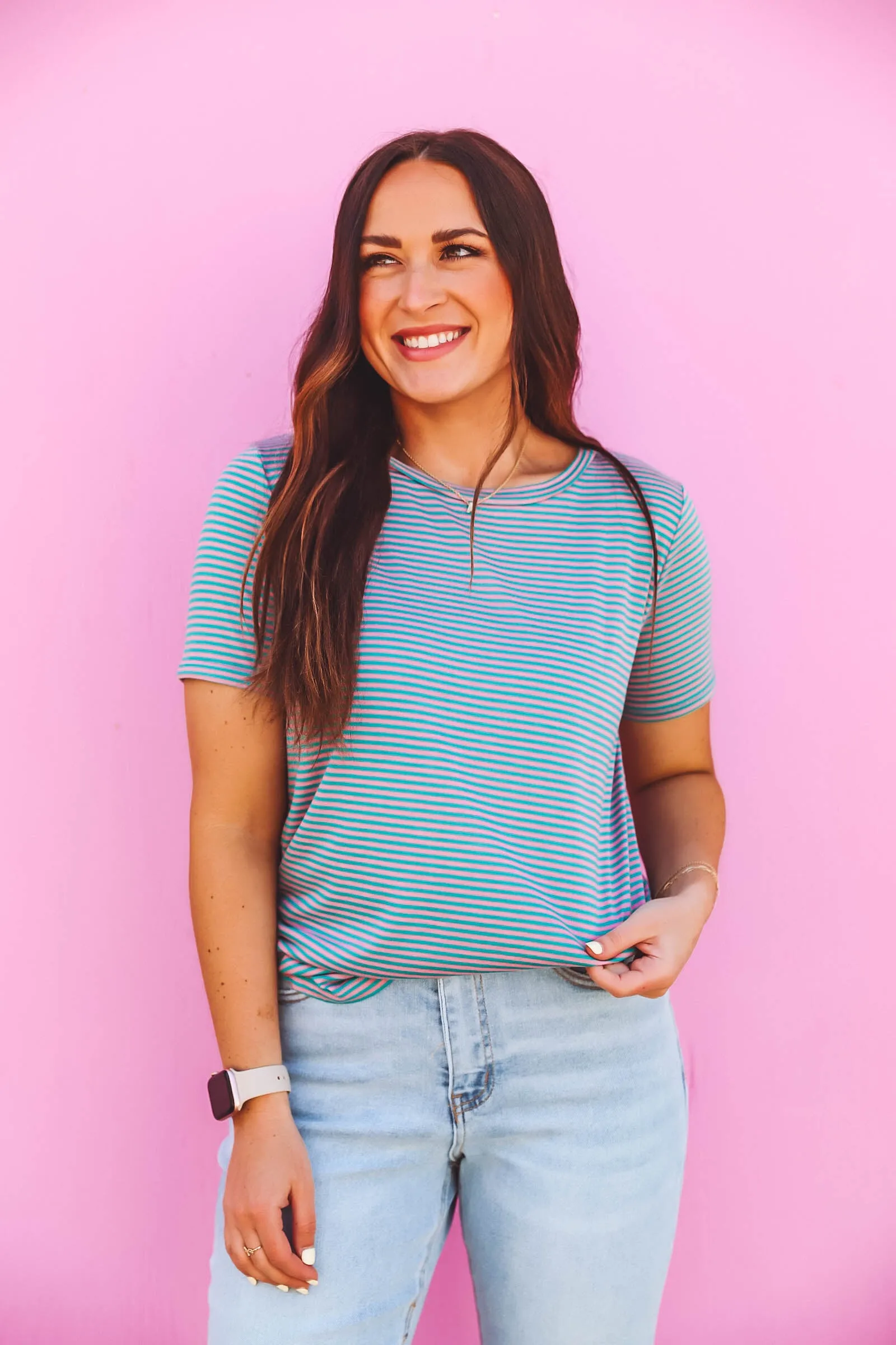 Caroline Striped Top-Green/Pink