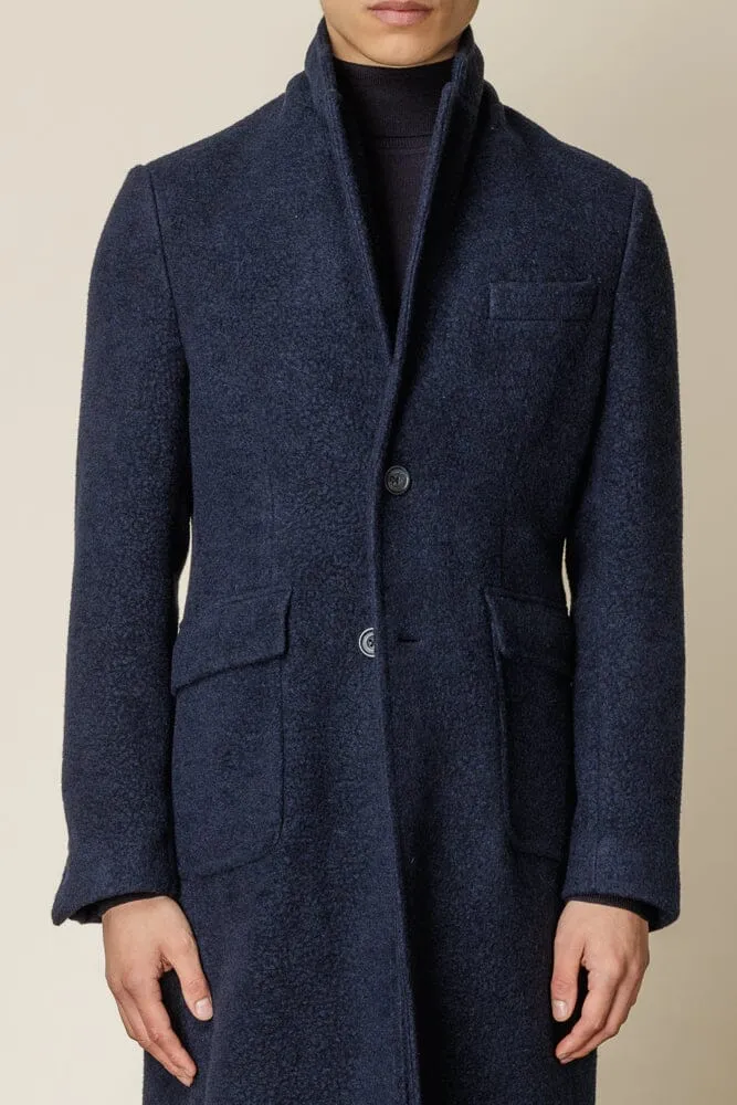 Carter (Notch) Long Overcoat - Navy Boiled Wool