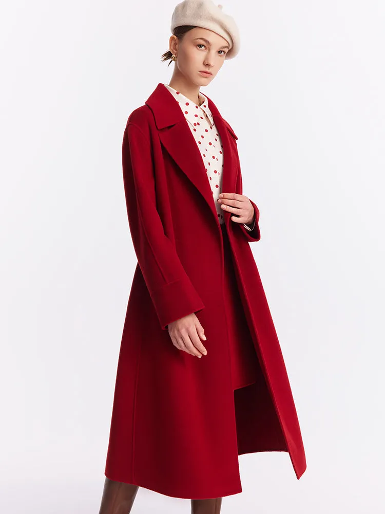 Chili Red Double-Faced Wool And Silk-Blend Lapel Women Coat