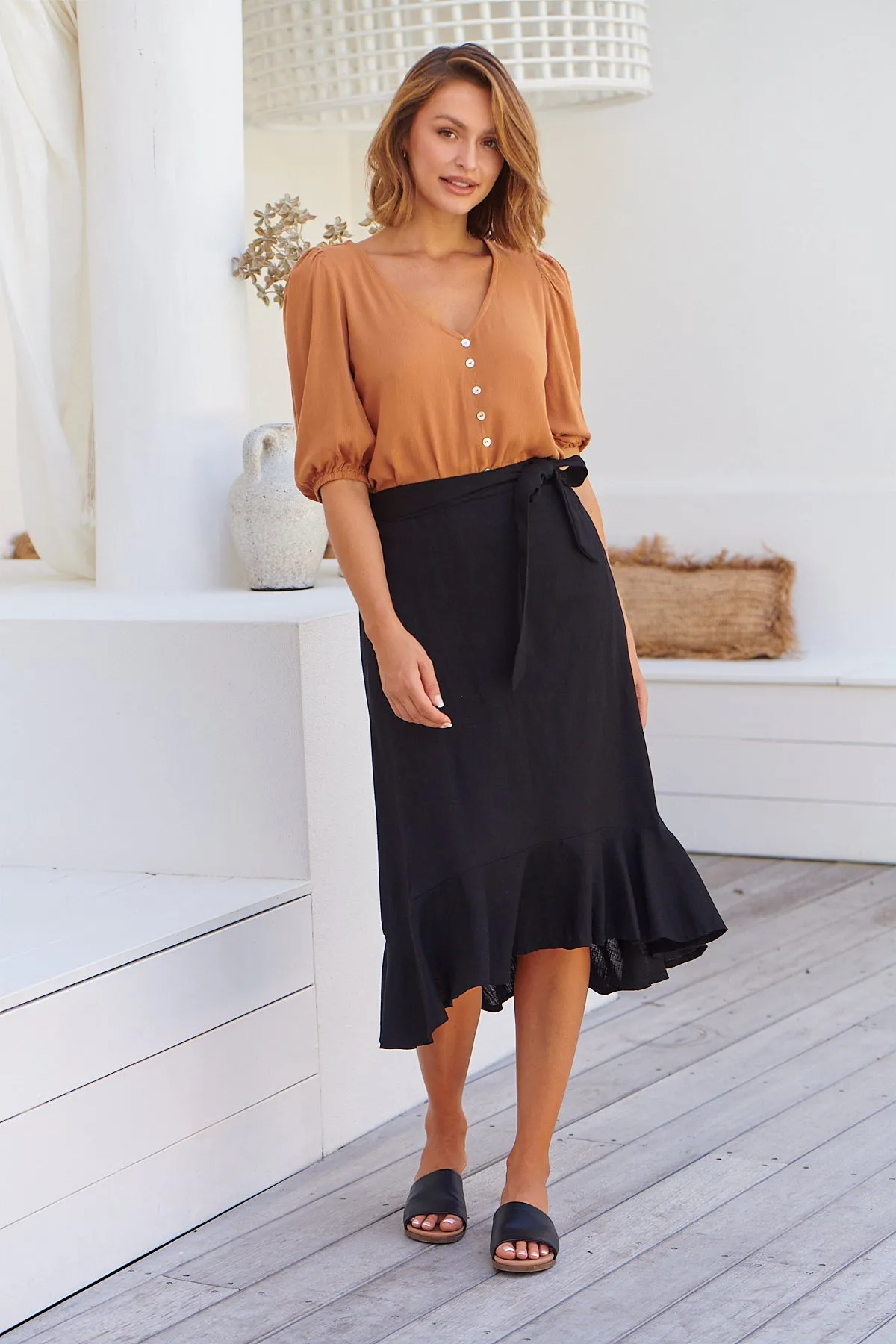 Ciri Black Tie Waist Midi Linen Skirt