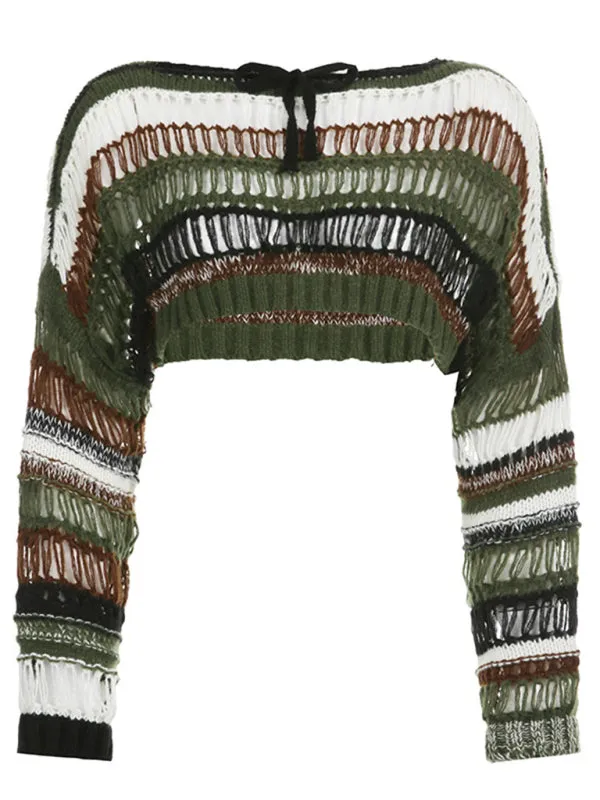 Colorful striped hollow loose casual woolen blouse for women