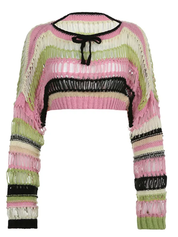 Colorful striped hollow loose casual woolen blouse for women