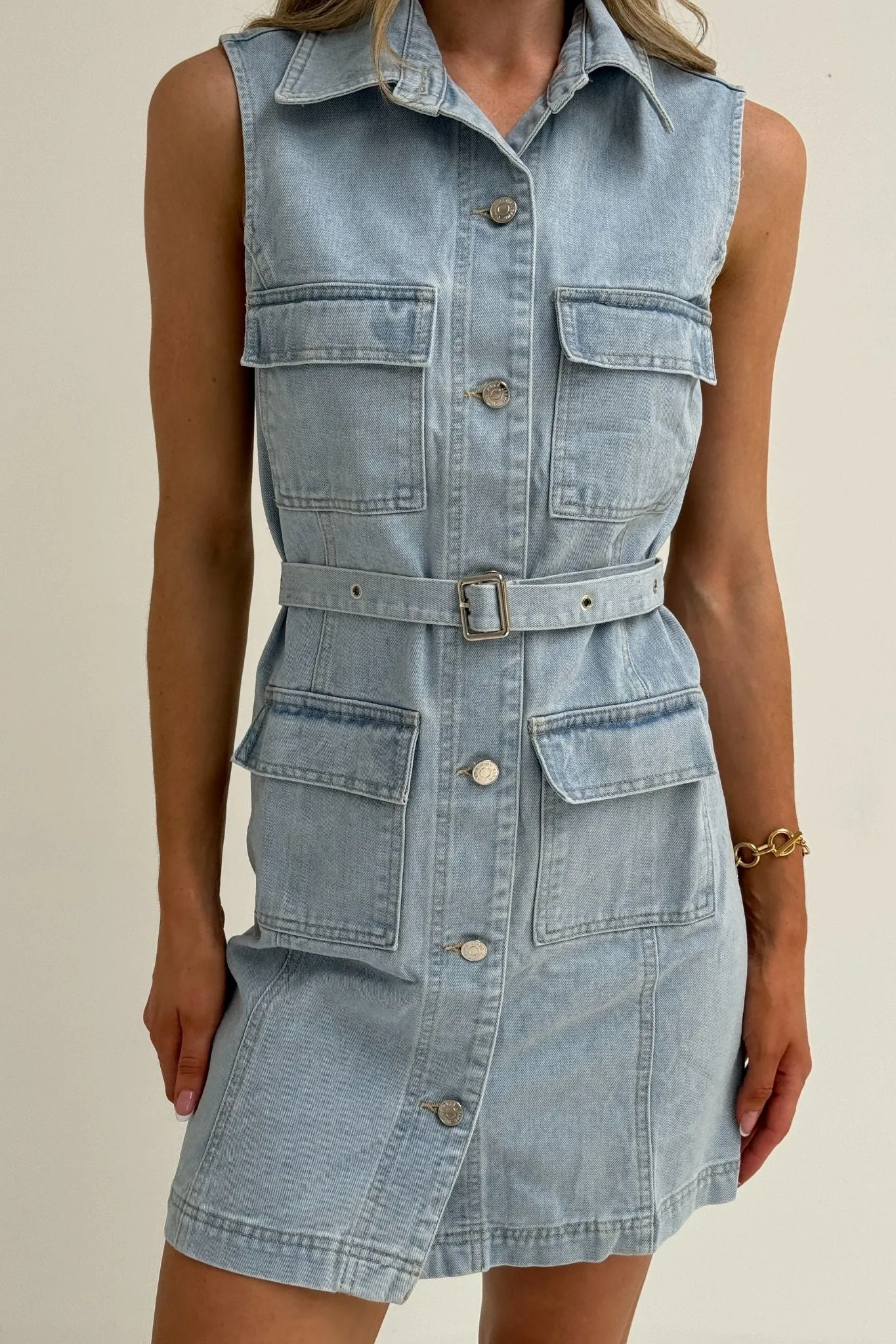 Cora Belted Shirt Dress In Light Denim