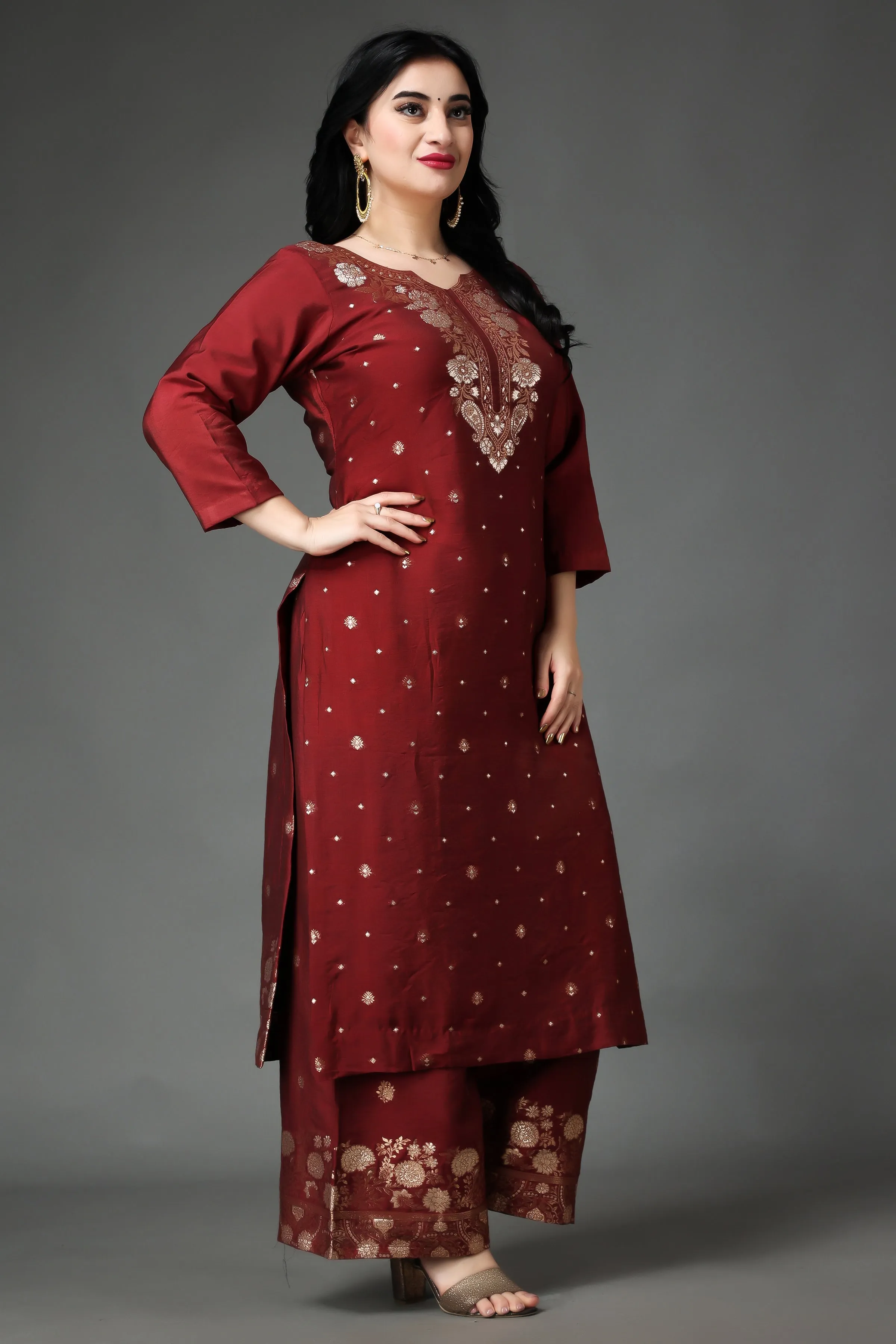 Crimson Blooms Silk Suit Set