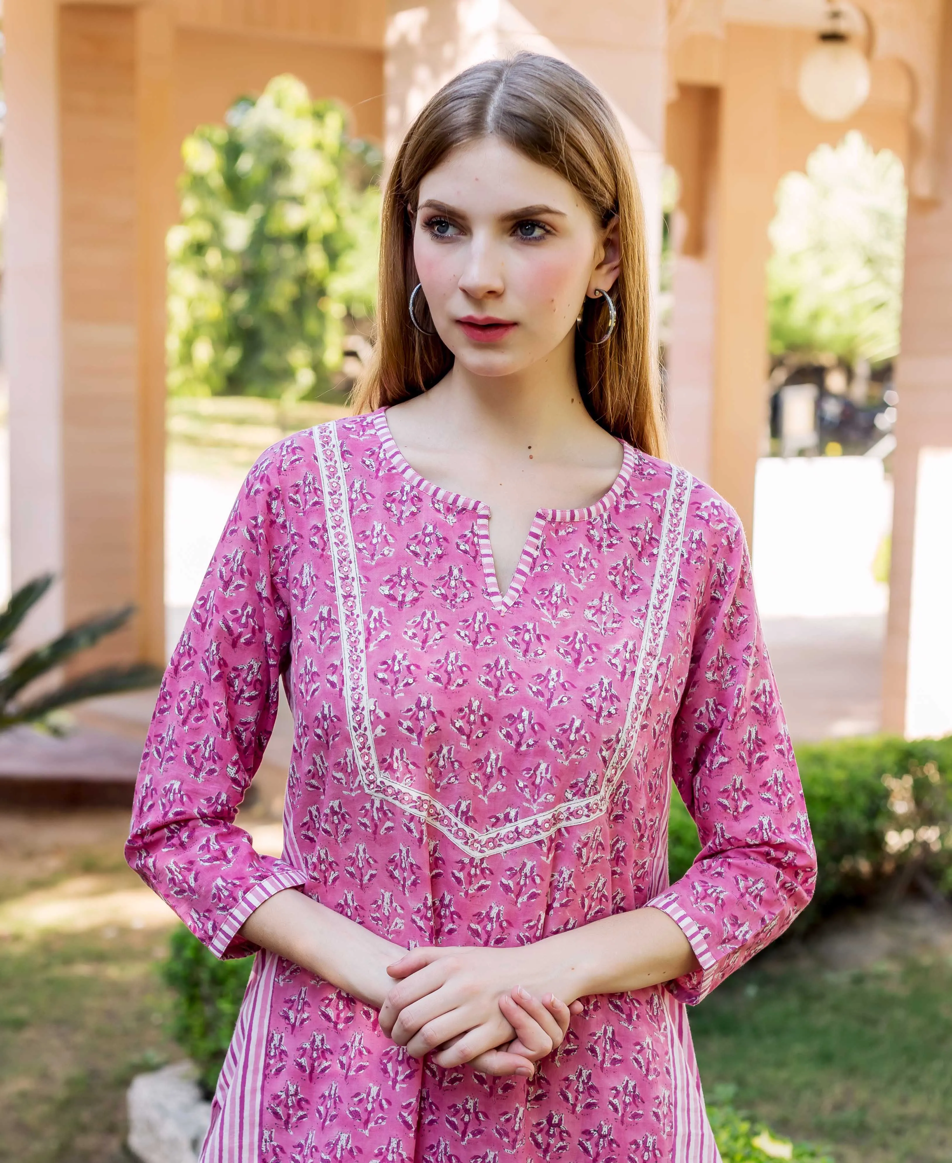 Dharti Pink Hand Block Printed Straight Suit