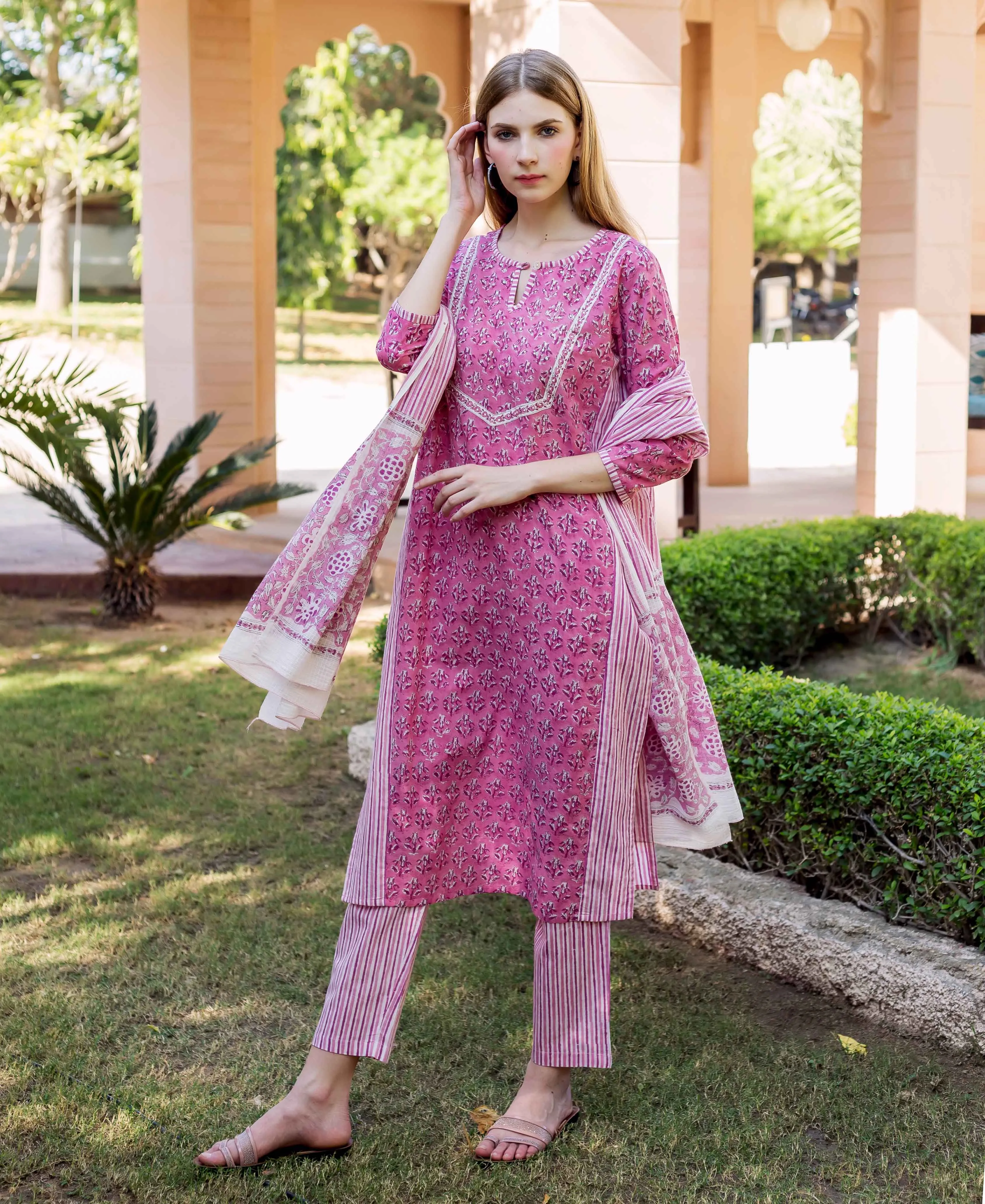 Dharti Pink Hand Block Printed Straight Suit