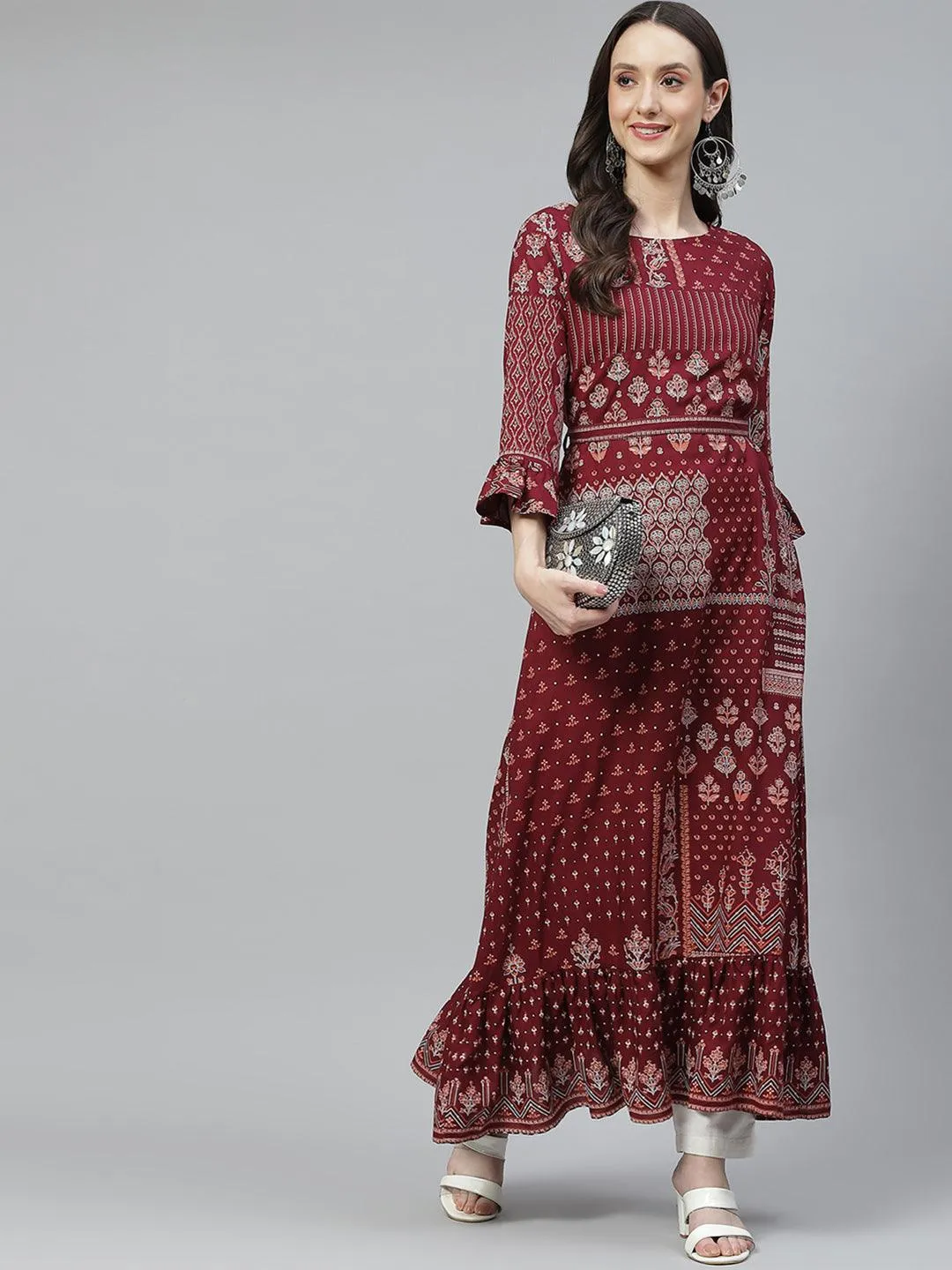 Divena Maroon Rayon A-line Kurta with Belt