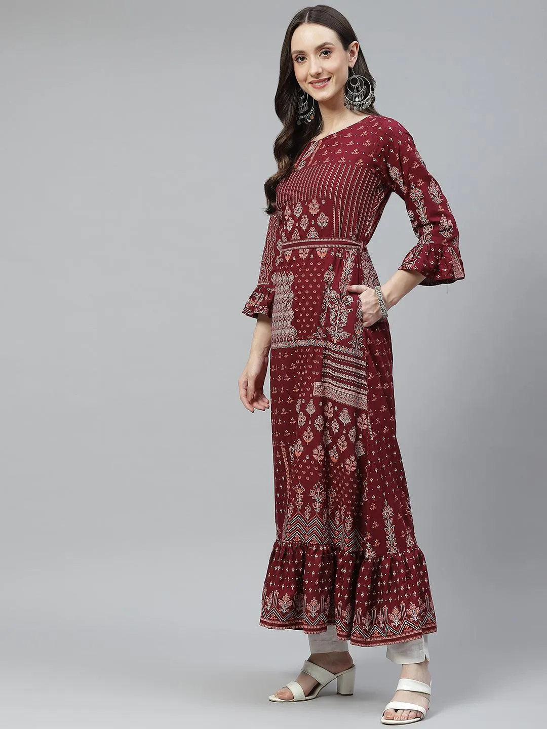 Divena Maroon Rayon A-line Kurta with Belt