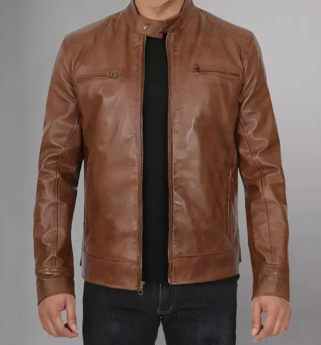 Dodge Mens Black Cafe Racer Leather Jacket