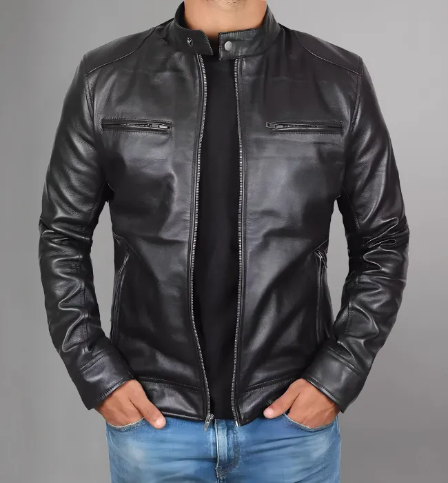 Dodge Mens Black Cafe Racer Leather Jacket