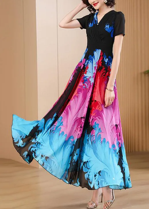 Elegant Black V Neck Print High Waist Chiffon Maxi Dresses Summer AS1085