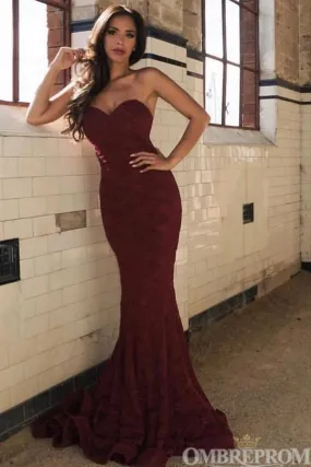 Elegant Sweetheat Strapless Burgundy Lace Mermaid Prom Dresses