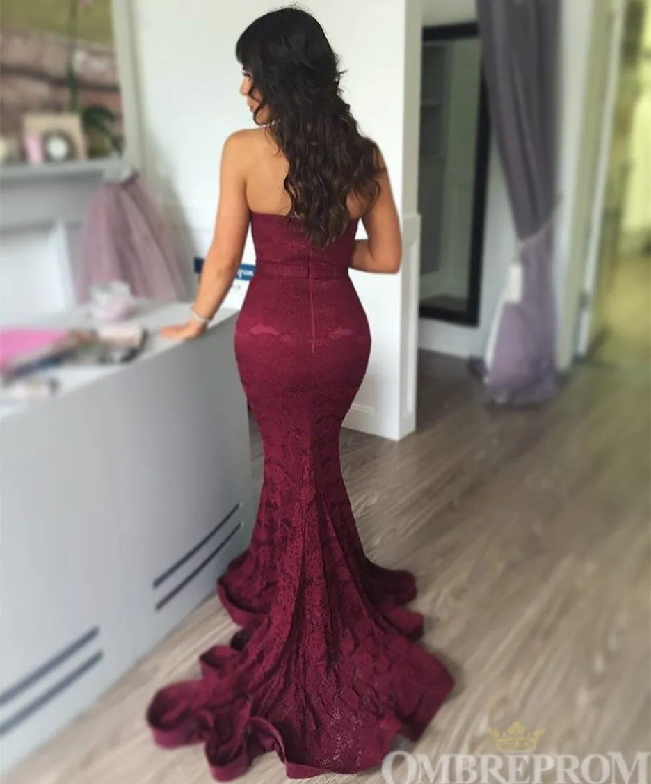 Elegant Sweetheat Strapless Burgundy Lace Mermaid Prom Dresses