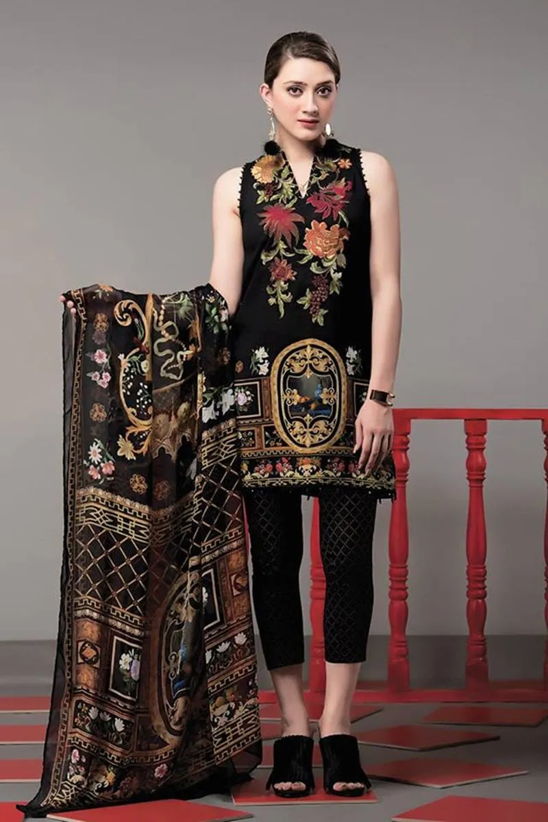 Ethnic ET-7 Black Khaddar Embroidered three piece With Woolen Shawl