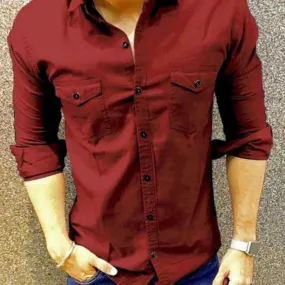 Exclusive Double Pocket Maroon Cotton Button-Up Shirt for Men