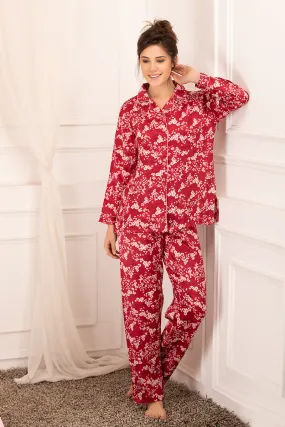 Floral print classic Collar Satin Night suit