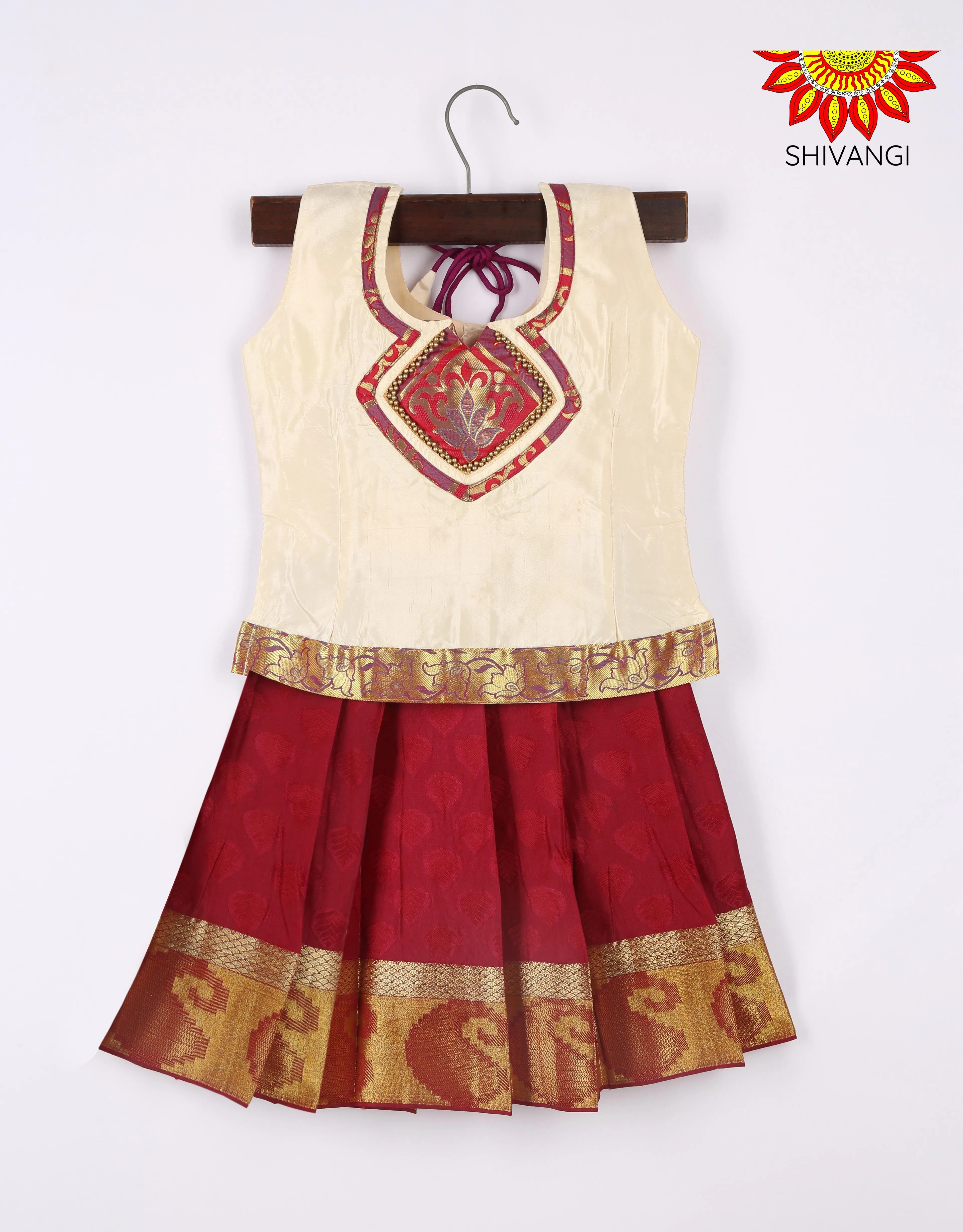 Girls Maroon Art Silk Pattu Pavadai