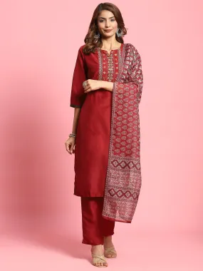 Indiessence Women Maroon Embroidered Kurta Trouser Dupatta