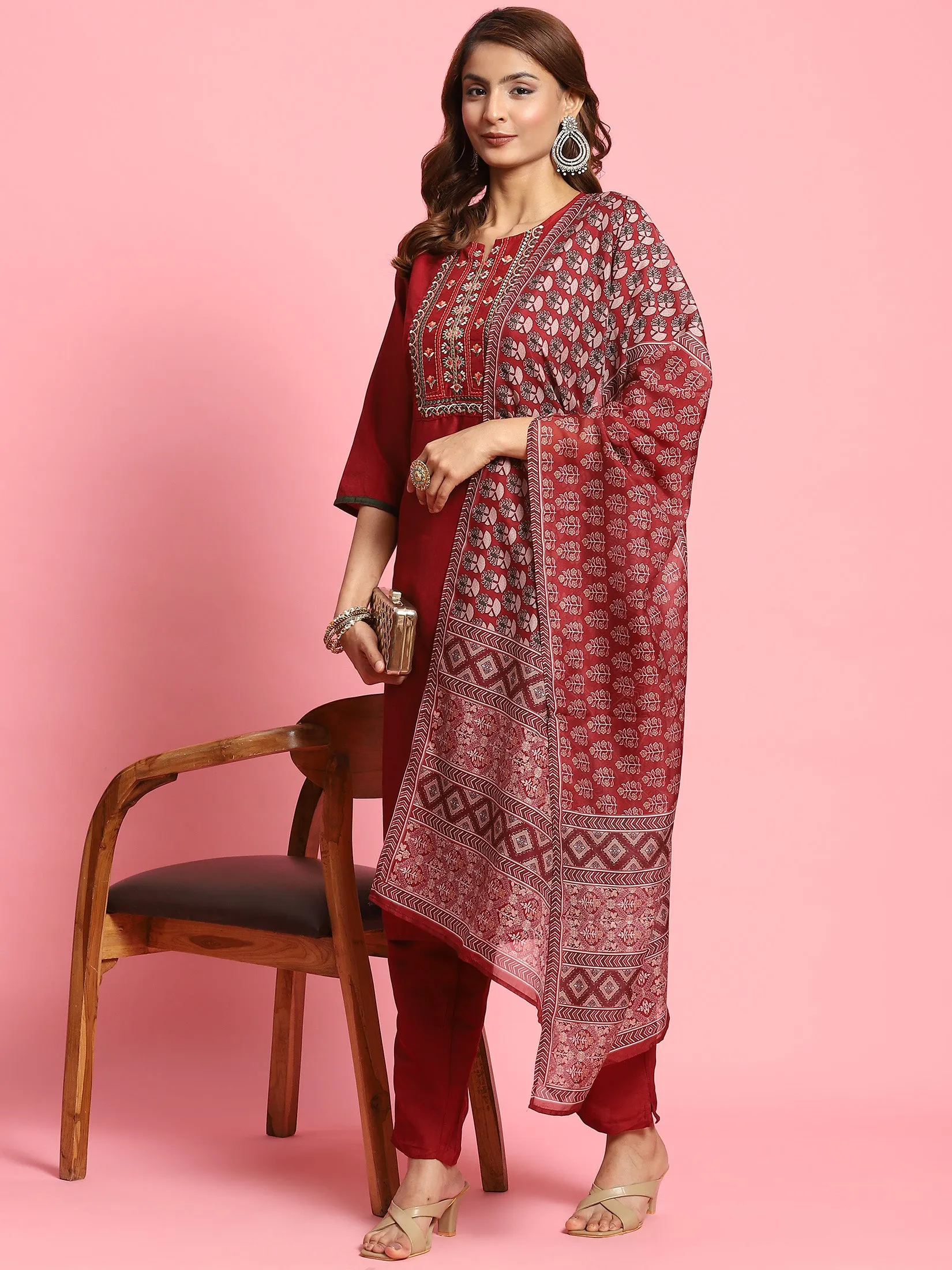 Indiessence Women Maroon Embroidered Kurta Trouser Dupatta