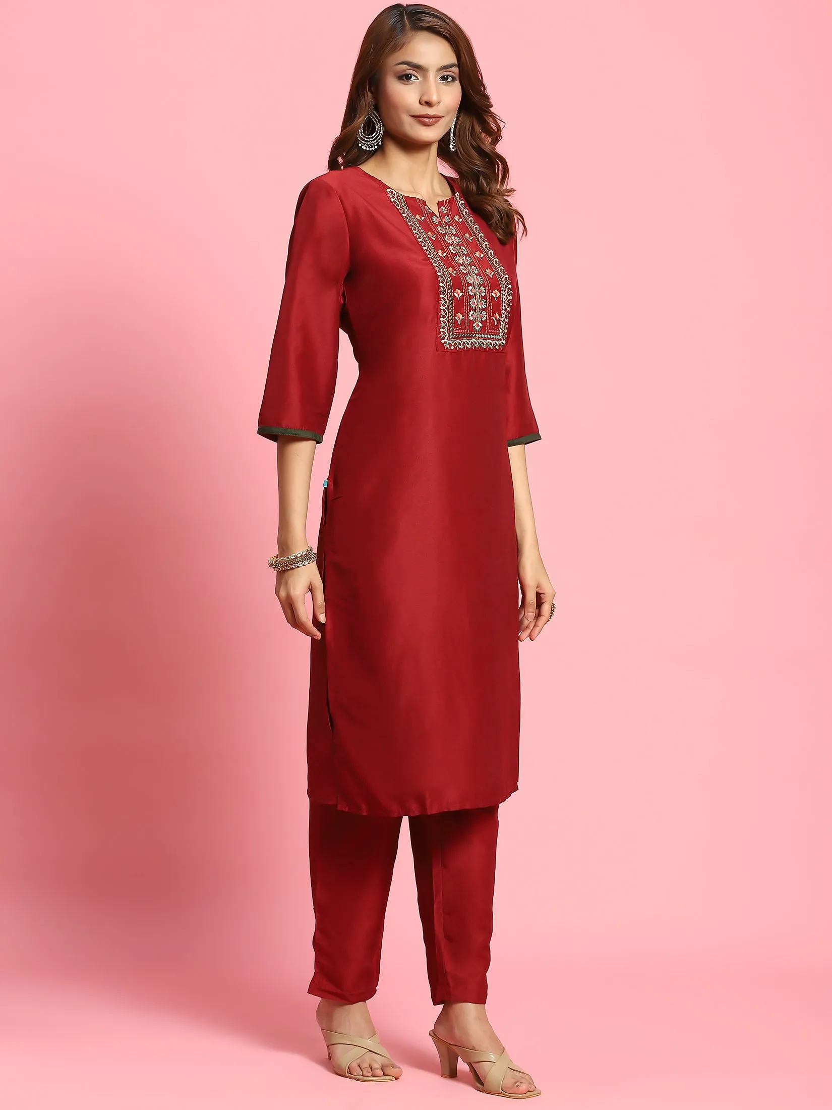 Indiessence Women Maroon Embroidered Kurta Trouser Dupatta