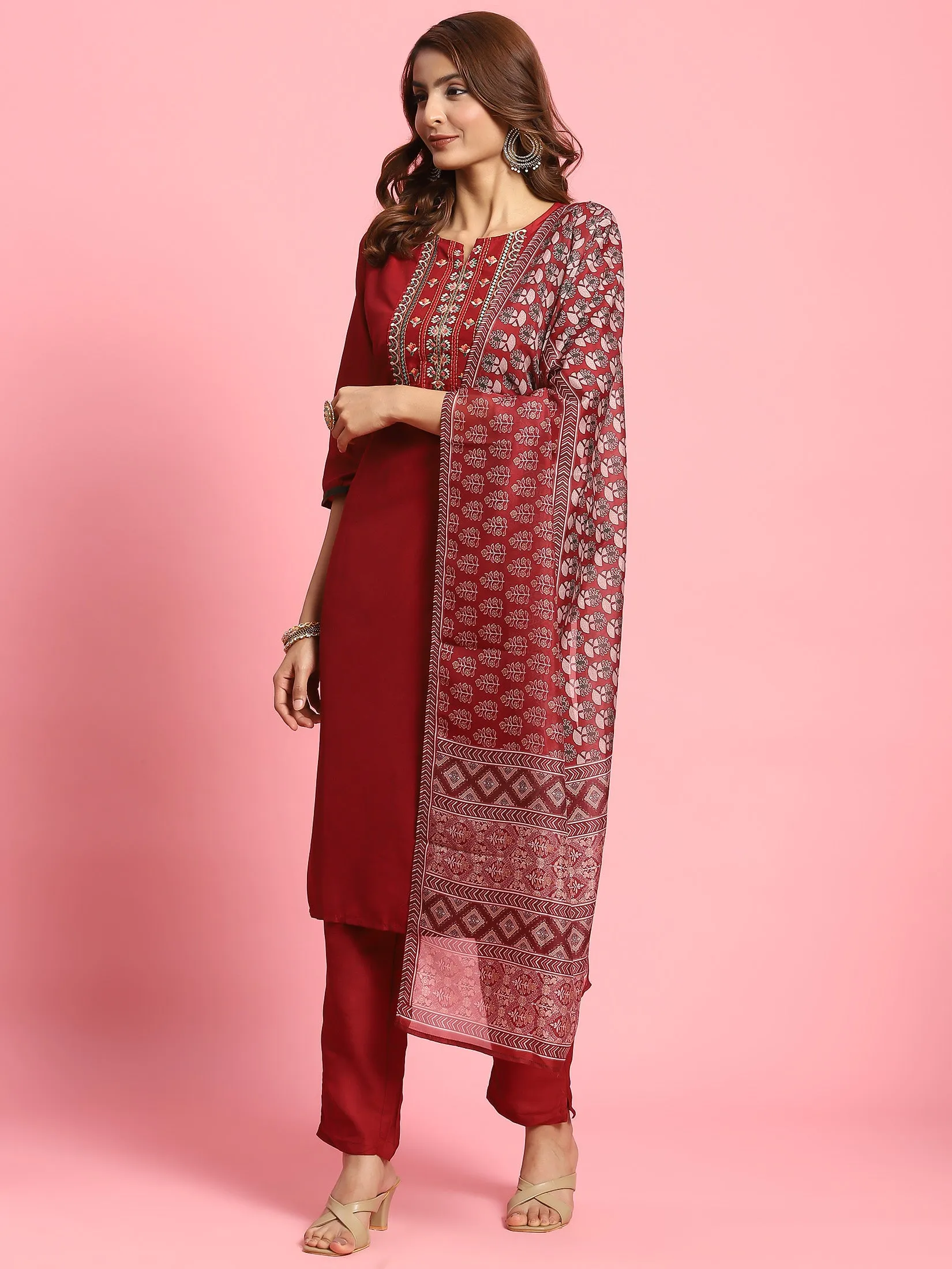 Indiessence Women Maroon Embroidered Kurta Trouser Dupatta