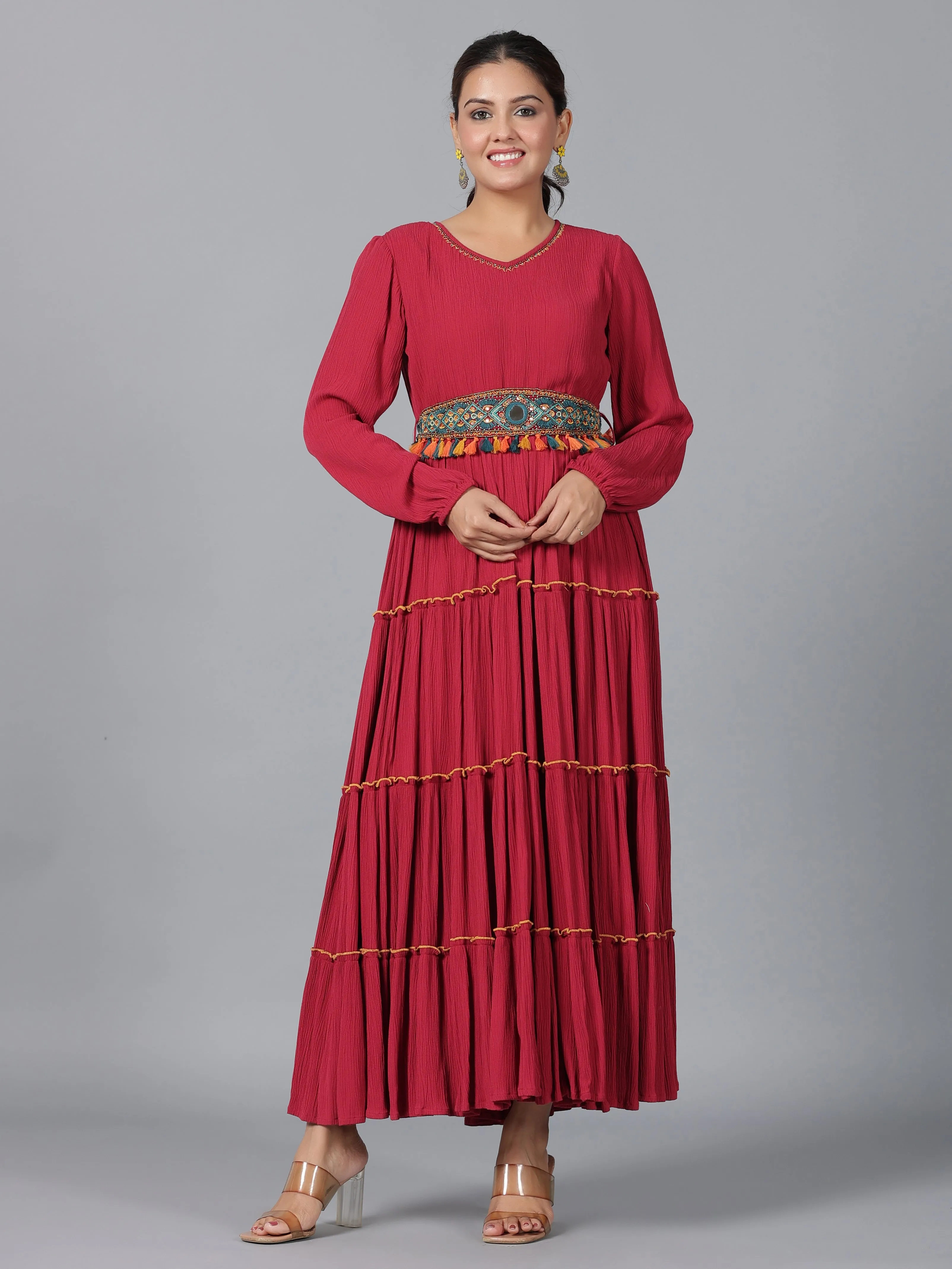 Juniper Maroon Ethnic Motif Printed Rayon Crepe Tiered Maxi Dress With Thread Work Embroidery