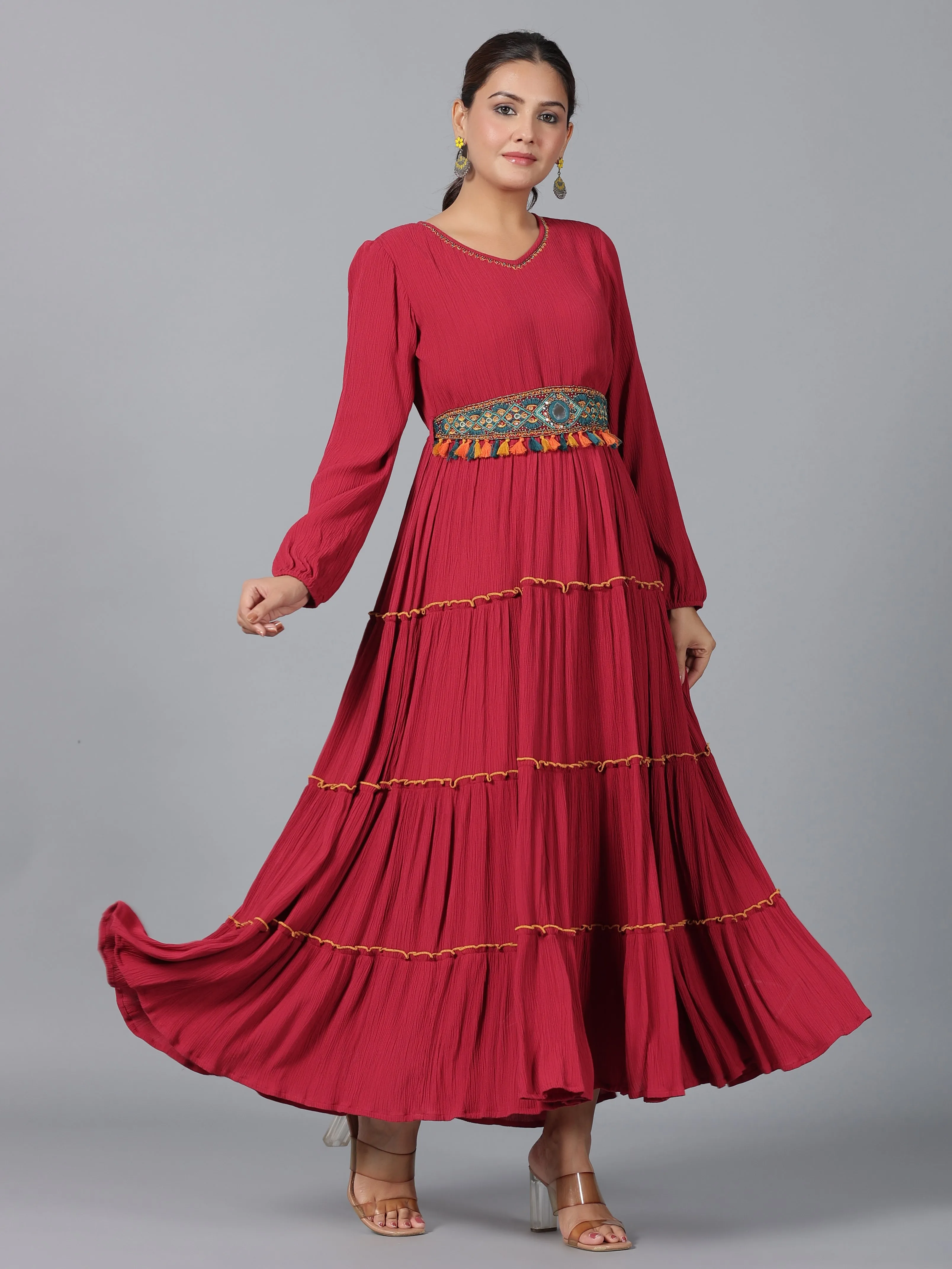 Juniper Maroon Ethnic Motif Printed Rayon Crepe Tiered Maxi Dress With Thread Work Embroidery