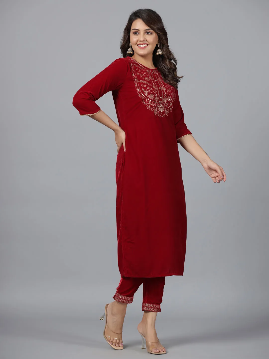 Juniper Maroon Velvet Embroidered Kurta & Pants Set with Zari & Sequences