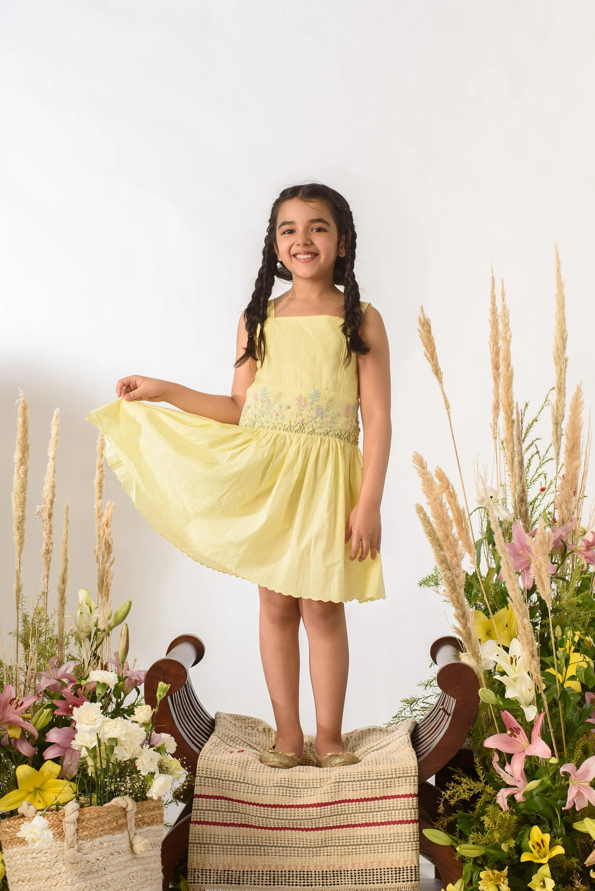 Lemon Terrain- Thread Embroidered Organic Cotton Dress For Girls