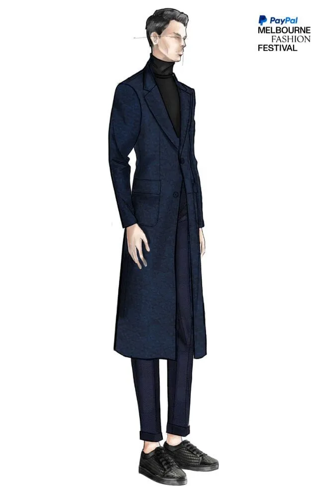 LOOK 10 - Long Carter Coat in Boiled Navy Wool and Navy Wool Gabardine Cali Trousers   The Marais Sneaker in Navy Patent Leather