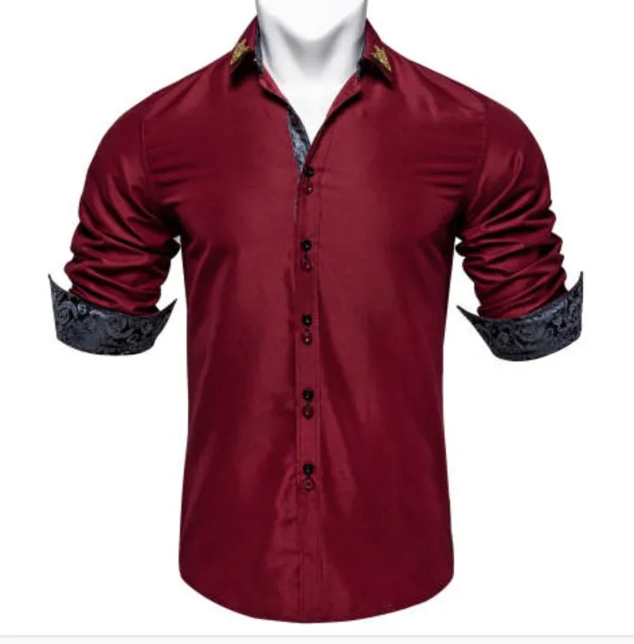 Maroon Mens's Shirt with contrast colored buttons unique cuffs design- CY-2206