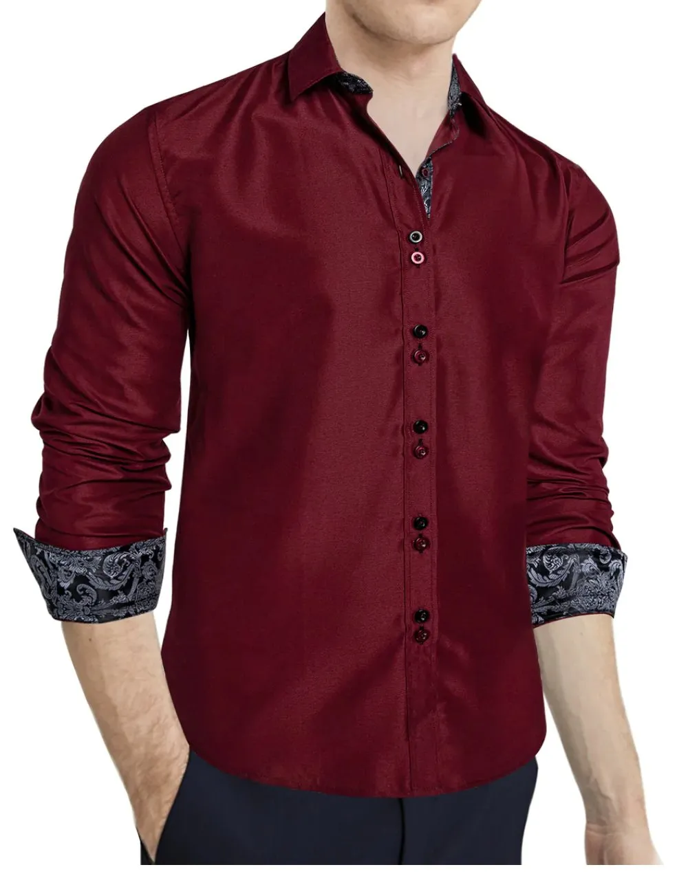 Maroon Mens's Shirt with contrast colored buttons unique cuffs design- CY-2206