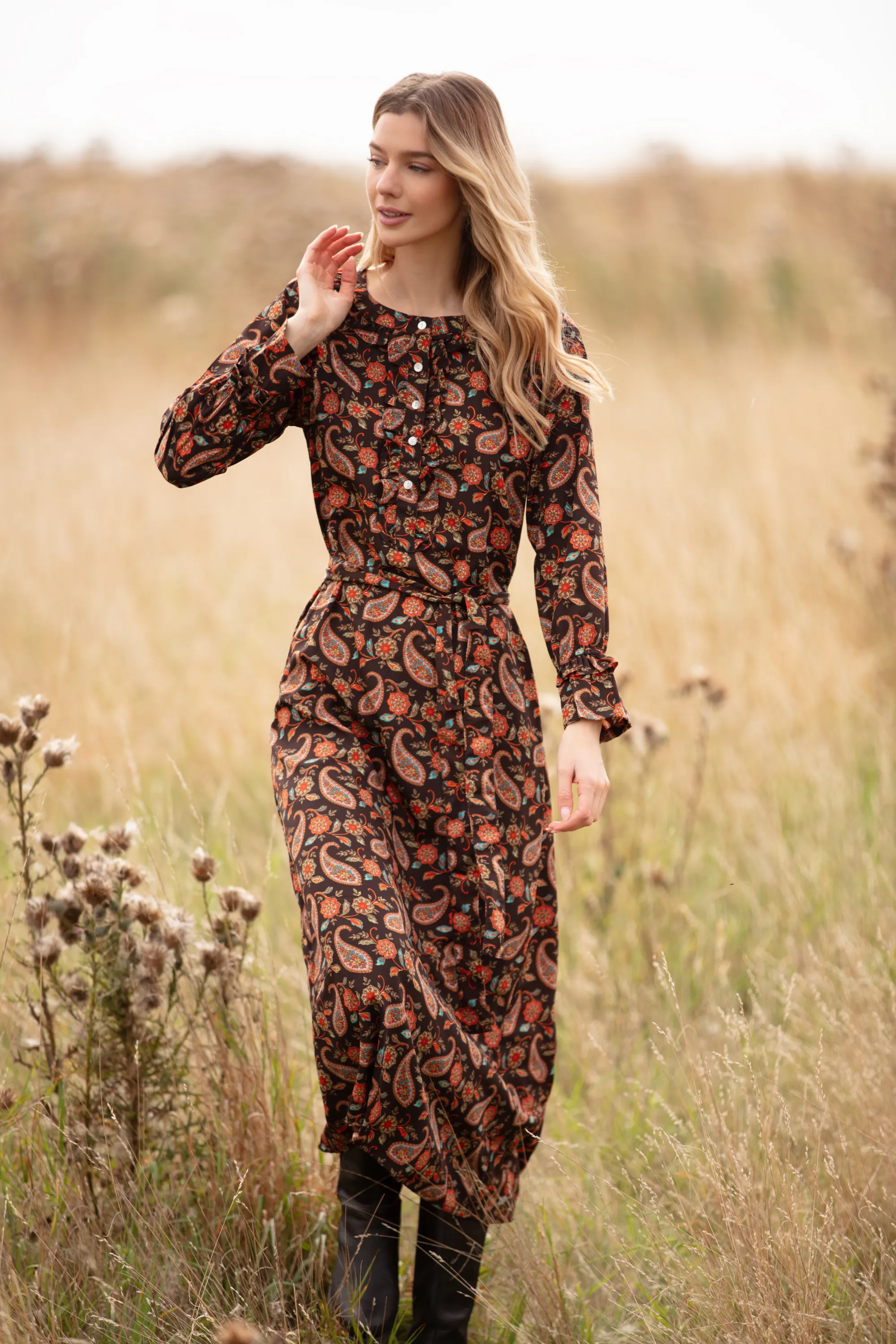 Meg Midi Dress in Chocolate Paisley