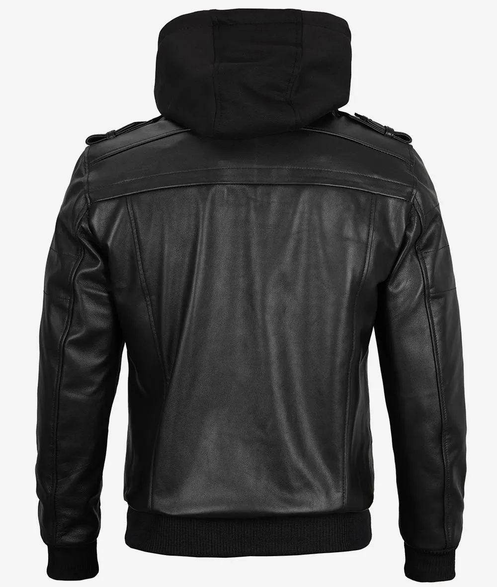 Mens Black Bomber Leather Jacket with removable hood