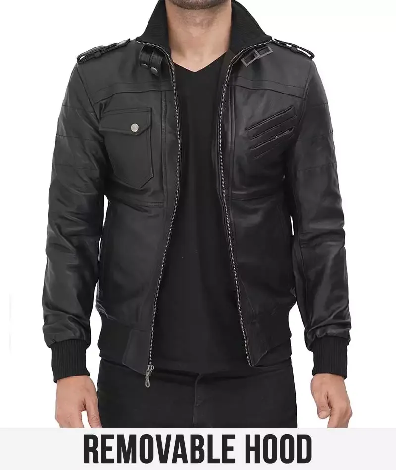 Mens Black Bomber Leather Jacket with removable hood