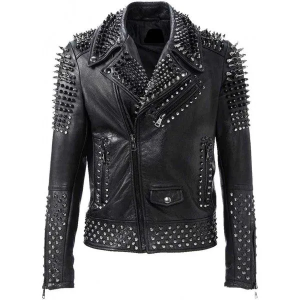 Men's Silver Spikes Studded Brando Leather Jacket