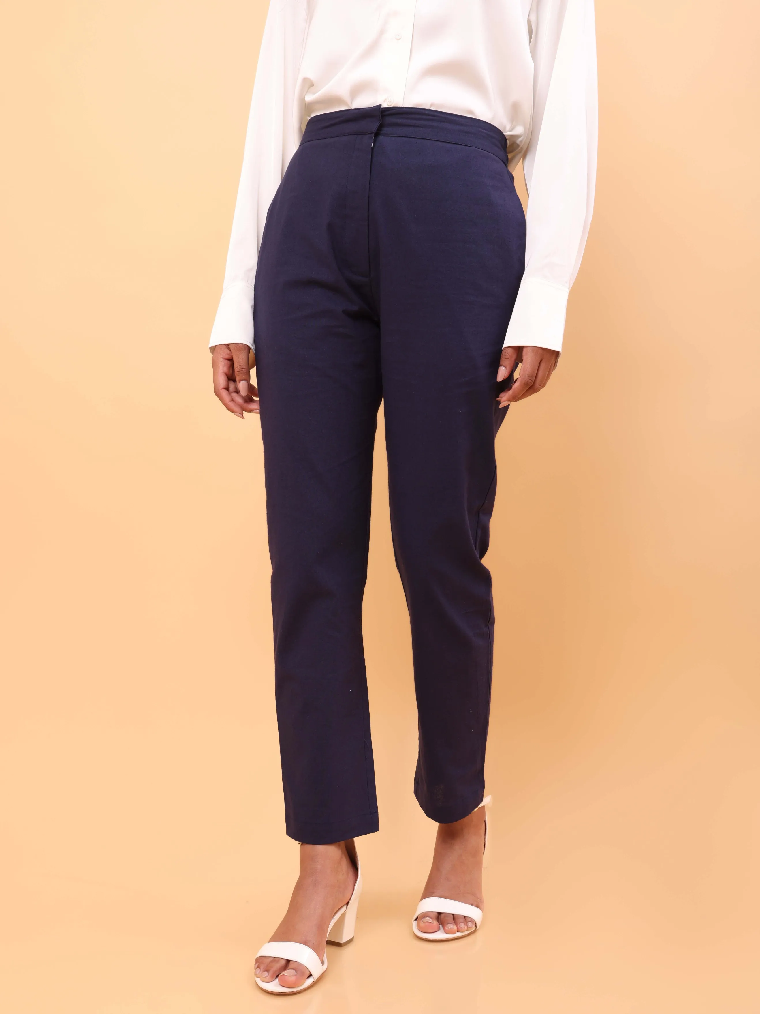 Navy Blue Straight Cotton Pants