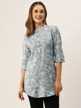 Odette Aqua Blue Printed Rayon Stitched Short Kurta For Women