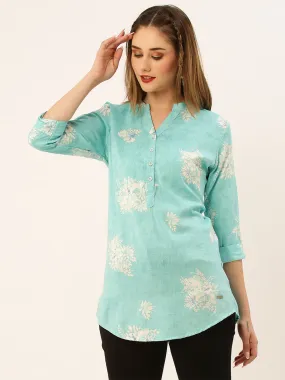 Odette AquaBlue Printed Rayon Stitched  Short Kurta For Women